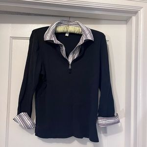 zip up sweater and mock double layer blouse
